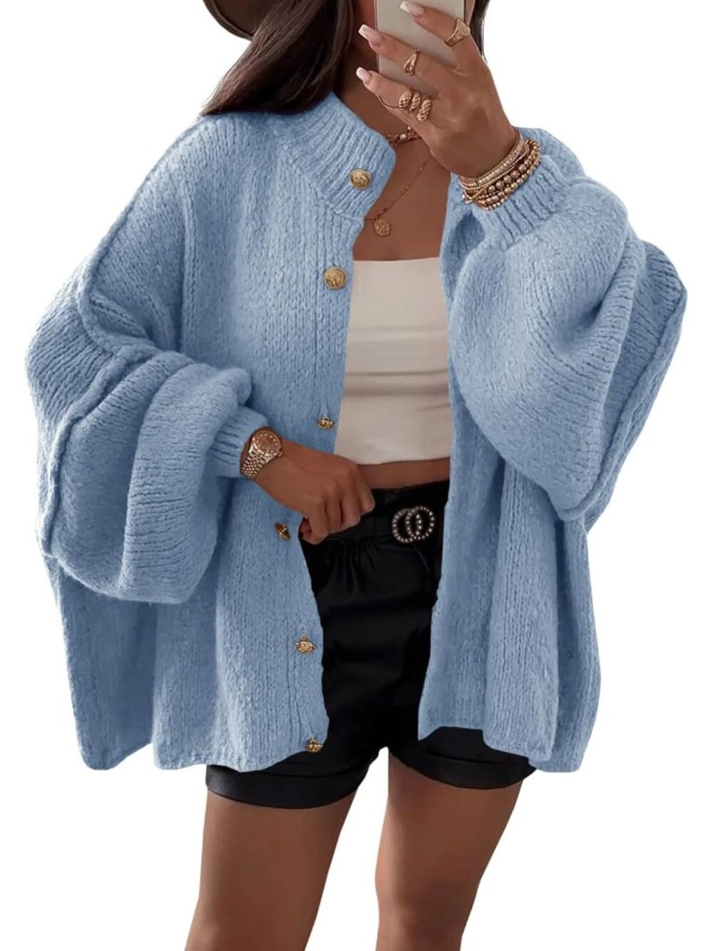 Women's Blue Lantern Sleeve Button Down Casual Chunky Knit Cardigan Sweater